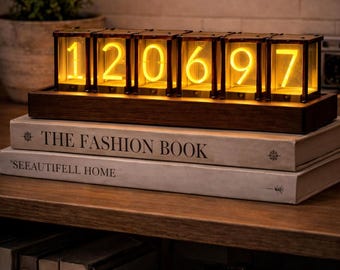RGB Nixie-Style LED Clock, Walnut Wood Base, Steampunk Desk Decor (USB Powered)