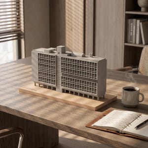 May include: A gray architectural scale model of a large rectangular building with a grid-like facade and numerous small windows, mounted on a rectangular wooden base. The model features a central vertical section and elevated support pillars.