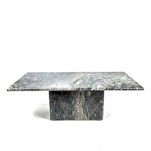 Vintage Black Marble Coffee Table - Rectangular Postmodern 70s Stone Centerpiece - Brutalist Gray Veined Low Table - Block Base Design