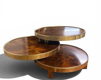 Swivel Coffee Table with 3 Elm Burl Shelves - Authentic Maria Pergay - Kinetic Design 1970s - Modular Vintage Furniture
