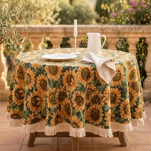 Mantel de algodón y lino hecho a mano con borlas, resistente al aceite, con borde redondeado, diseño de girasoles, ideal para la cocina o como regalo de inauguración.