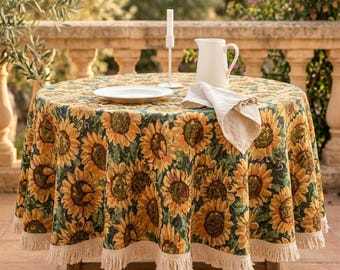 Mantel de algodón y lino hecho a mano con borlas, resistente al aceite, con borde redondeado, diseño de girasoles, ideal para la cocina o como regalo de inauguración.