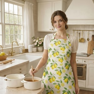 May include: A woman in a kitchen wearing a lemon-patterned apron. The apron displays yellow lemons and green leaves on a white backdrop. She is stirring a pot with a wooden spoon. The kitchen has white cabinets and a window.