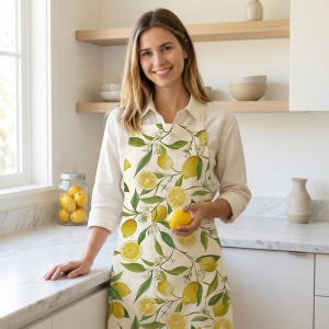 May include: Cream-coloured apron featuring a lemon and leaf pattern. The apron displays a repeating design of yellow lemons, green leaves, and white blossoms. The apron is worn in a kitchen setting.