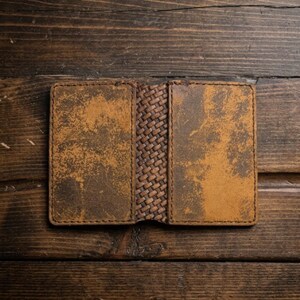 Handmade Cowboy Pull-Up Leather Bifold Wallet | Hand-Tooled Basketweave Spine