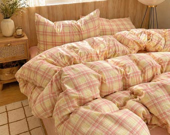 Juego de funda nórdica de algodón a cuadros, ropa de cama a cuadros con fundas de almohada.