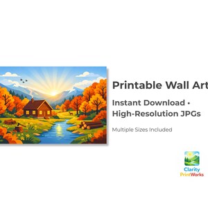Op de afbeelding: Een digitale kunstafdruk van een landschap met een hut, rivier en herfstbomen. De afbeelding heeft een heldere zonsopgang en de tekst "Printable Wall Art, Instant Download, High-Resolution JPGs, Multiple Sizes Included."