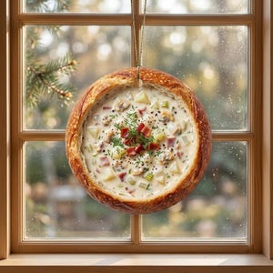 Clam Chowder Ornament 2D Flat Tree Decor Soup Lover Gift Funny Foodie Ornament White Elephant Secret Santa Bread Bowl Seafood Food Art