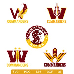 Pode incluir: Uma coleção de cinco logotipos com a palavra "COMMANDERS" em uma combinação de cores bordô e dourado. Os logotipos incluem um "W" com uma pena, o perfil de um soldado e uma espada. Opções de tipo de arquivo exibidas na parte inferior.