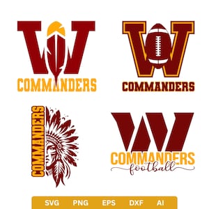 Puede incluir: Cuatro logotipos diferentes en burdeos y dorado con la palabra "Commanders". Los diseños incluyen una pluma, un balón de fútbol americano, un tocado nativo americano y la palabra "football" en escritura cursiva.