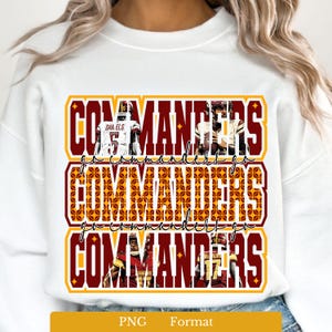 May include: A white crewneck sweatshirt featuring a graphic design with the word COMMANDERS repeated three times in a bold, maroon font. The design includes images of football players and a repeating pattern of small football icons.