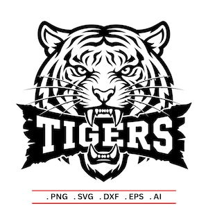 May include: A black and white graphic of a tiger's head with the word "TIGERS" in bold, white letters. The tiger has sharp teeth and intense eyes. The image is a vector design, suitable for various applications.