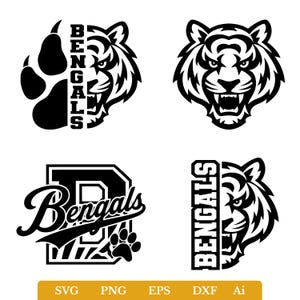 Puede incluir: Cuatro diseños gráficos en blanco y negro con cabezas de tigre, huellas y el texto BENGALS. Los diseños incluyen una cara de tigre dividida con una huella, una cabeza de tigre completa, una letra B con la palabra Bengals y texto vertical.