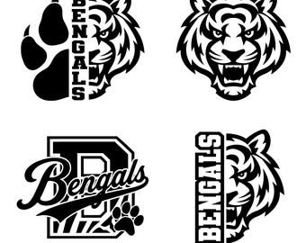 Puede incluir: Cuatro diseños gráficos en blanco y negro con cabezas de tigre, huellas y el texto BENGALS. Los diseños incluyen una cara de tigre dividida con una huella, una cabeza de tigre completa, una letra B con la palabra Bengals y texto vertical.