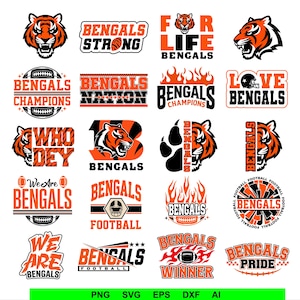 Puede incluir: Una colección de veinte diseños gráficos digitales con el tema del equipo Cincinnati Bengals en naranja, negro y blanco. Los gráficos incluyen cabezas de tigre, balones de fútbol americano, llamas y texto como Bengals Strong, Who Dey y Bengals Pride.