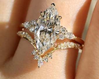 2 CT Marquise Cut Lab Grown Bridal Ring Set, 14K Solid Gold Moissanite Engagement Ring Set,  Wedding Ring Set, Matching Bridal Band With Her