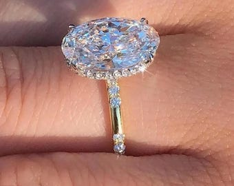 3 CT Oval Cut Lab Grown Engagement Ring, 14K Solid Gold Oval Solitaire Ring, Pave Side Band Wedding Ring, Moissanite Diamond Bridal Ring.