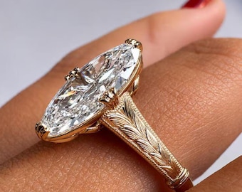 3 CT Marquise Cut Lab Grown Engagement Ring, 14K Solid Gold Marquise Solitaire Ring, Elongated Wedding Ring, Moissanite Diamond Bridal Ring.