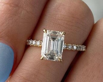 2 CT Emerald Cut Lab Grown Diamond Engagement Ring, Hidden Halo Pave Band Ring, Moissanite Diamond Wedding Ring, 14K Gold Anniversary Ring.