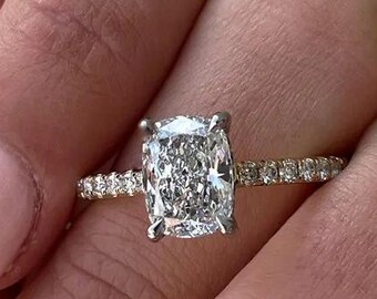 2.5 CT Cushion Cut Lab Grown Diamond Engagement Ring, Hidden Halo Cathedral Pave Ring, Moissanite Diamond Wedding Ring, 14K Solid Gold Ring.