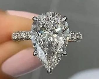 4 CT Pear Cut Lab Grown Diamond Engagement Ring, Hidden Halo Moissanite Diamond Ring, 14K Gold Anniversary Ring, Wedding Ring For Woman.
