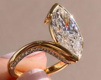 3CT Marquise Cut Lab Grown Diamond Engagement Ring, Half Bezel Bypass Moissanite Diamond Ring, 14K Solid Gold Pave Band Wedding Ring.