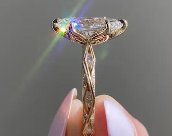 4 CT Marquise Cut Lab Grown Diamond Engagement Ring, Tulip Setting 14K Gold Art Deco Ring, Marquise Cut Moissanite Diamond Wedding Ring.