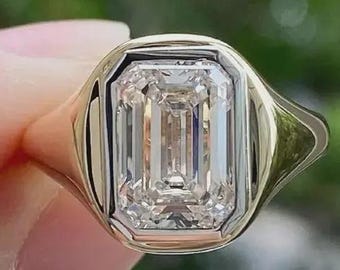 3 CT Emerald Cut Lab Grown Diamond Ring, Bezel Set Solitaire Engagement Ring, 18K Gold Emerald Moissanite Diamond Ring, Promise Ring For Her