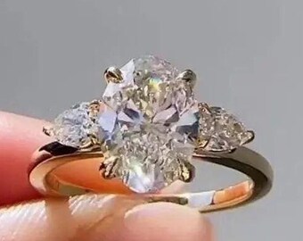 2.5 CT Oval Cut Lab Grown Diamond Engagement Ring, Three Stone Moissanite Diamond Ring, Pear Side Diamond Ring, 14K Solid Gold Ring For Her.