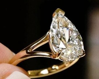 3 CT Pear Cut Lab Grown Diamond Engagement Ring, Solitaire Moissanite Diamond Ring, 14K Solid Gold Ring, Teardrop Proposal Ring For Her.