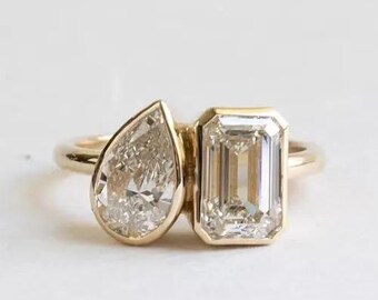 3 TCW Pear & Emerald Lab Grown Diamond Engagement Ring, Toi Et Moi Moissanite Diamond Ring, Bezel Set 14K Solid Gold Two Stone Wedding Ring.