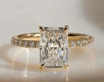 2 CT Radiant Cut Lab Grown Diamond Engagement Ring, Hidden Halo Moissanite Diamond Ring, 14K Solid Gold Ring, Anniversary Ring For Woman.