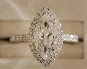 2CT Marquise Cut Lab Grown Diamond Engagement Ring, Halo Pave Band Ring, Moissanite Diamond Wedding Ring, 14K Solid Gold Bridal Ring.