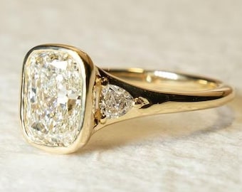 3 CT Elongated Cushion Cut Lab Grown Diamond Ring, Bezel Set Three Stone Engagement Ring, 14K Gold Moissanite Wedding Ring, Anniversary Gift