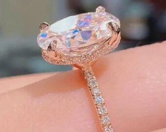 3 CT Oval Cut Lab Grown Diamond Engagement Ring, Hidden Halo Moissanite Diamond Ring, 14K Gold Diamond Ring, Pave Band Proposal Ring For Her