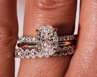 3 CT Oval Cut Lab Grown Diamond Bridal Ring Set, Hidden Halo Engagement Ring with Half Eternity Band, 14K Solid Gold Bridal Wedding Ring Set