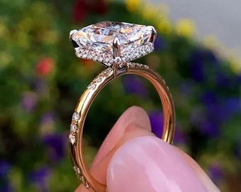 3 CT Radiant Cut Lab Grown Diamond Engagement Ring, Hidden Halo Moissanite Diamond Ring, 14K Gold Wedding Ring, Anniversary Gift for Her.