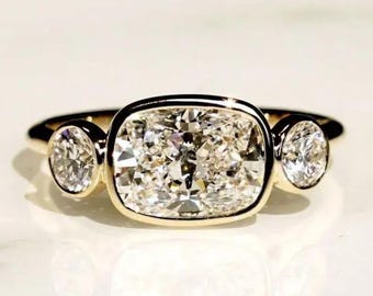 2 CT Cushion Cut Lab Grown Diamond Ring, East West Moissanite Diamond Bezel Set Ring, 14K Gold Engagement Ring, Three Stone Bridal Ring.