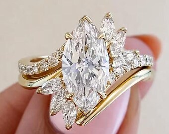 4CT Marquise Cut Lab Grown Diamond Engagement Ring, 14K Gold Bypass Wedding Moissanite Ring, Unique Bridal Ring, Anniversary Ring For Her.