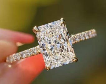 3 CT Radiant Cut Lab Grown Diamond Engagement Ring, Hidden Halo Moissanite Diamond Ring, 14K Solid Gold Wedding Ring, Bridal Ring For Woman.