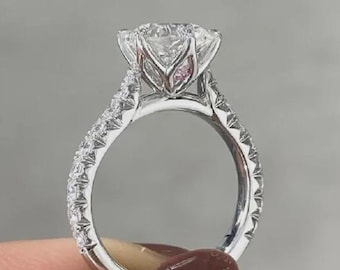 2.25 CT Round Cut Lab Grown Diamond Engagement Ring, Moissanite Diamond Solitaire Ring, 18K Solid Gold  Pave Band Wedding Ring For Her.