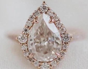 2CT Pear Cut Lab Grown Diamond Halo Engagement Ring, 14K Solid Gold Pave Band Ring, Moissanite Diamond Bridal Ring, Anniversary Gift For Her