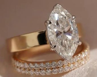 Conjunto de anillos de boda con diamantes cultivados en laboratorio de talla marquesa de 4 quilates, anillo de compromiso solitario de moissanita talla marquesa con alianza de boda, conjunto de anillos de oro macizo de 14 quilates.