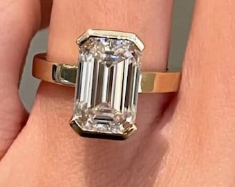 3 CT Emerald Cut Lab Grown Diamond Engagement Ring, 14K Solid Gold Emerald Solitaire Ring, Moissanite Diamond Bridal Ring For Woman.