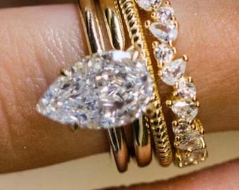 Conjunto de anillos de compromiso y boda para mujer, con diamantes cultivados en laboratorio de talla pera de 3 quilates, conjunto de anillos de boda y conjunto de anillos de moissanita en oro macizo de 14 quilates.