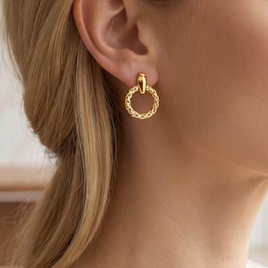 Dainty Twisted Rope Circle Stud Earrings, 18K Gold Plated Copper Minimal Open Circle Studs, Hypoallergenic Daily Wear Tiny Jewelry Gift