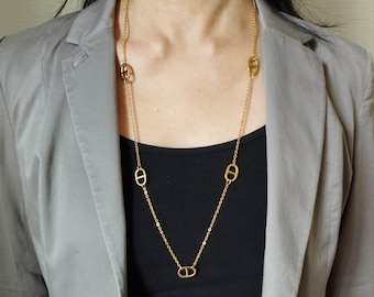 Long necklace in gold-plated stainless steel with small marine links - curb chain