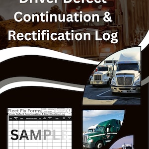 May include: A promotional image for Fleet Fix Forms, featuring a Driver Defect Continuation & Rectification Log. The image includes a sample form and several photos of semi-trucks, with the text "SAMPLE" prominently displayed.