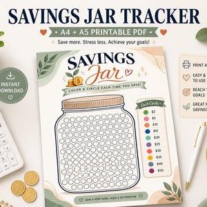 Savings Jar Tracker Printable | Money Saving Challenge | Budget Goal Tracker | Savings Journal Page | A4 A5 PDF Download