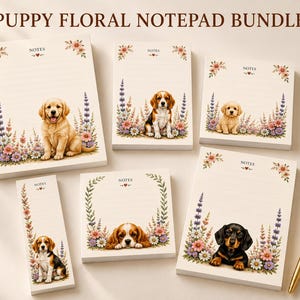 May include: A puppy floral notepad bundle featuring five cream-colored paper pads of varying sizes, each decorated with illustrations of different dog breeds and colorful flowers. The text "PUPPY FLORAL NOTEPAD BUNDLE" and "NOTES" appears on the pads.